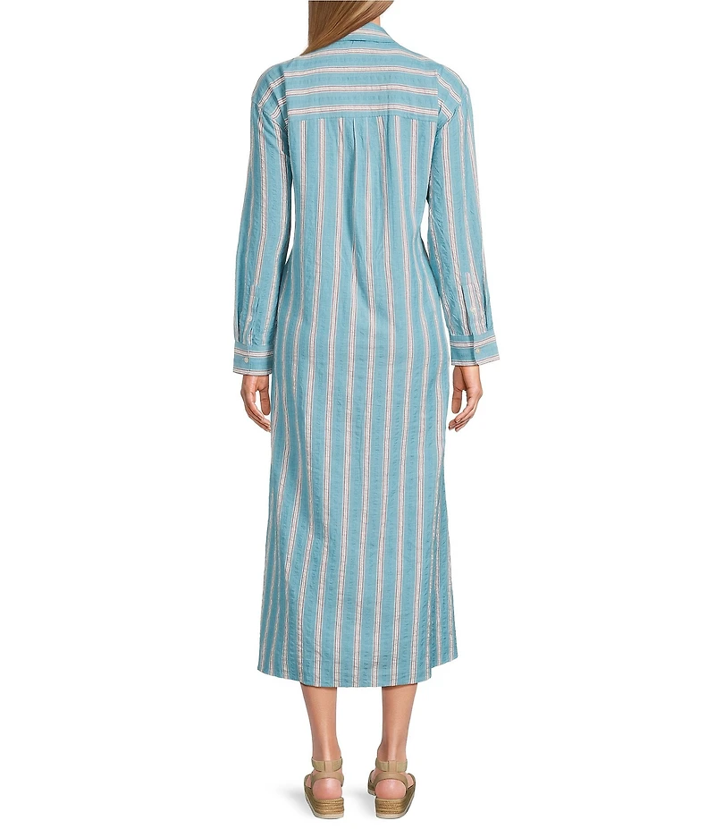Westbound Petite Size Point Collar Long Sleeve Seersucker Cinch Front A-Line Dress