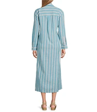 Westbound Petite Size Point Collar Long Sleeve Seersucker Cinch Front A-Line Dress