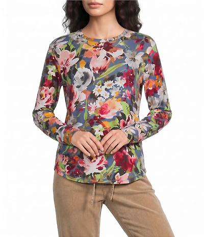 Westbound Petite Size Print Long Sleeve Crew Neck Knit Tee