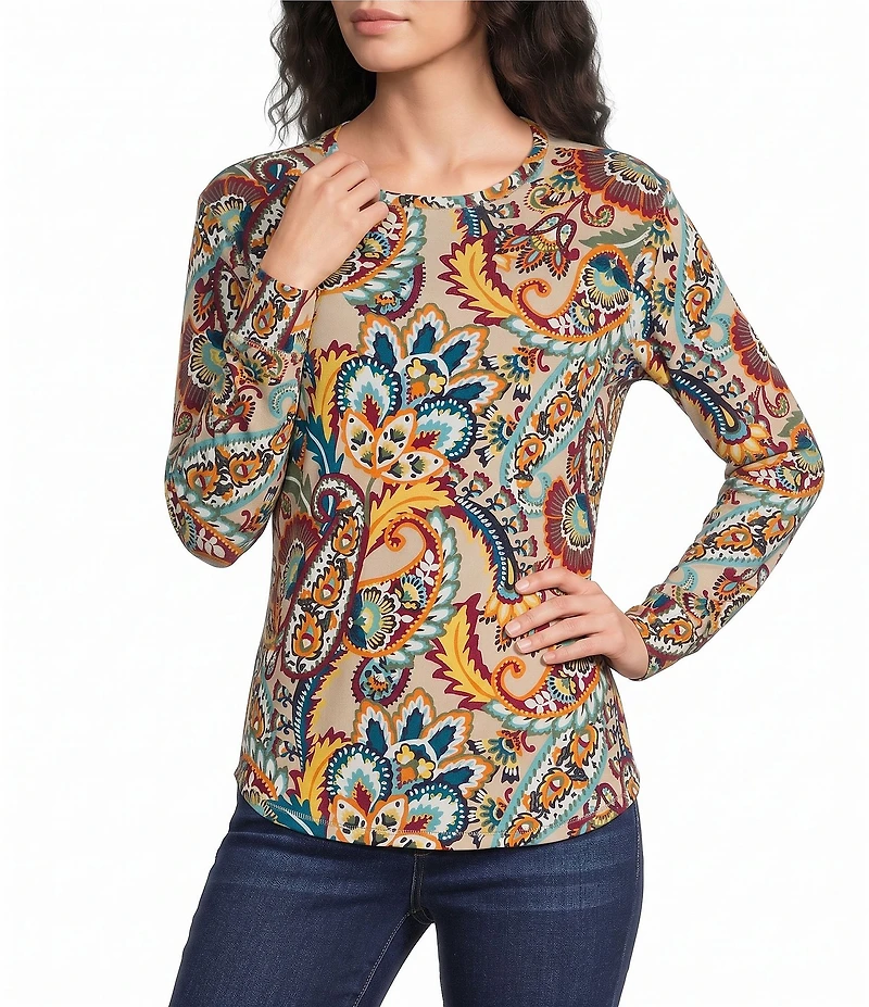 Westbound Petite Size Print Long Sleeve Crew Neck Knit Tee
