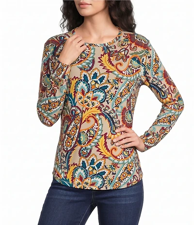 Westbound Petite Size Print Long Sleeve Crew Neck Knit Tee