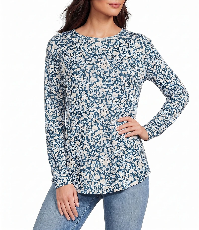 Westbound Petite Size Print Long Sleeve Crew Neck Knit Tee