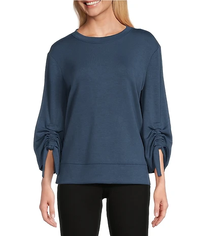 Westbound Petite Size Ruched Sleeve Crew Neck Top