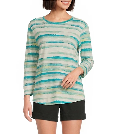 Westbound Petite Size Seagrass Stripe 3/4 Sleeve Knit Crew Neck Top