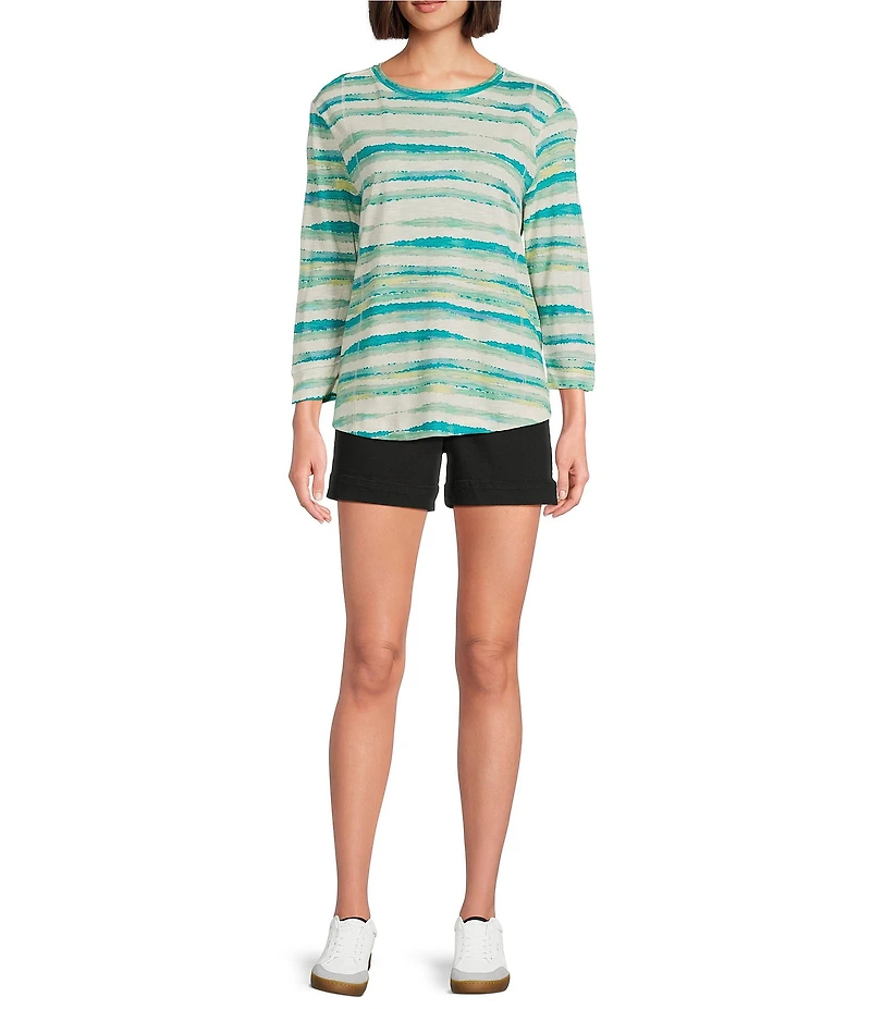 Westbound Petite Size Seagrass Stripe 3/4 Sleeve Knit Crew Neck Top