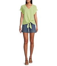 Westbound Petite Size Linen Blend Short Sleeve V-Neck Tie Front Top