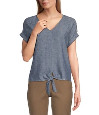 Westbound Petite Size Linen Blend Short Sleeve V-Neck Tie Front Top