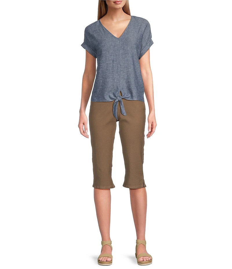 Westbound Petite Size Linen Blend Short Sleeve V-Neck Tie Front Top