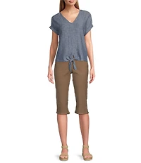 Westbound Petite Size Linen Blend Short Sleeve V-Neck Tie Front Top