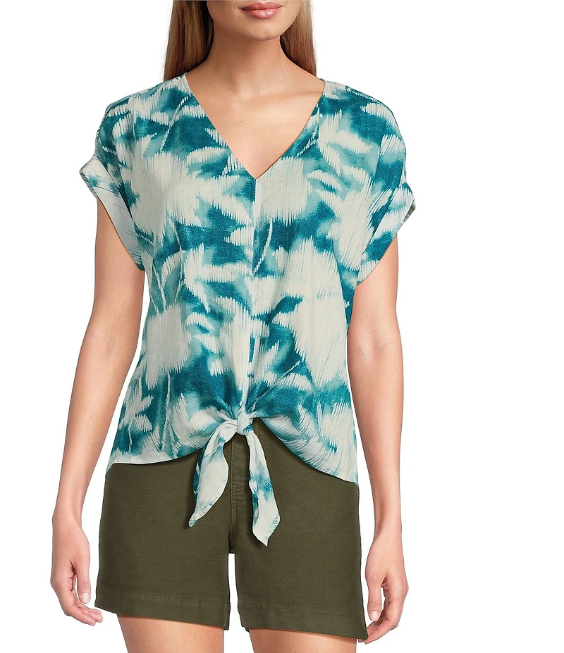 Westbound Petite Size Linen Blend Short Sleeve V-Neck Tie Front Top