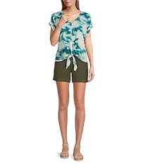 Westbound Petite Size Linen Blend Short Sleeve V-Neck Tie Front Top