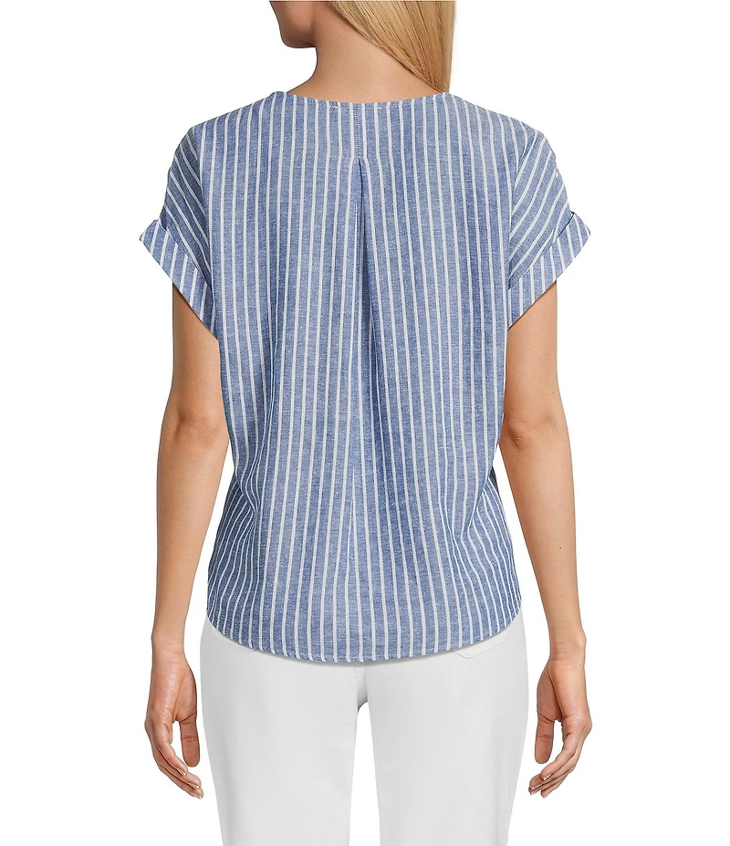 Westbound Petite Size Linen Blend Stripe Print Short Sleeve V-Neck Tie Front Top