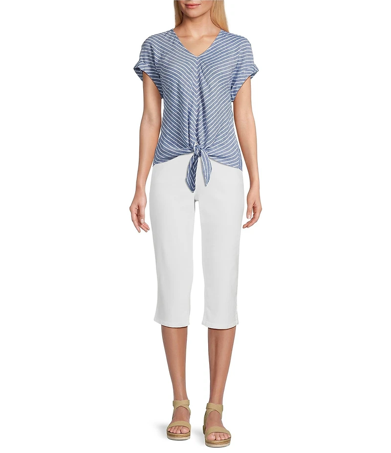 Westbound Petite Size Linen Blend Stripe Print Short Sleeve V-Neck Tie Front Top