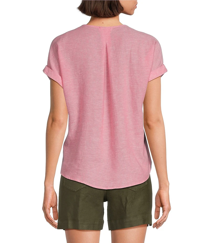 Westbound Petite Size Linen Blend Short Sleeve V-Neck Tie Front Top
