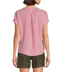 Westbound Petite Size Linen Blend Short Sleeve V-Neck Tie Front Top
