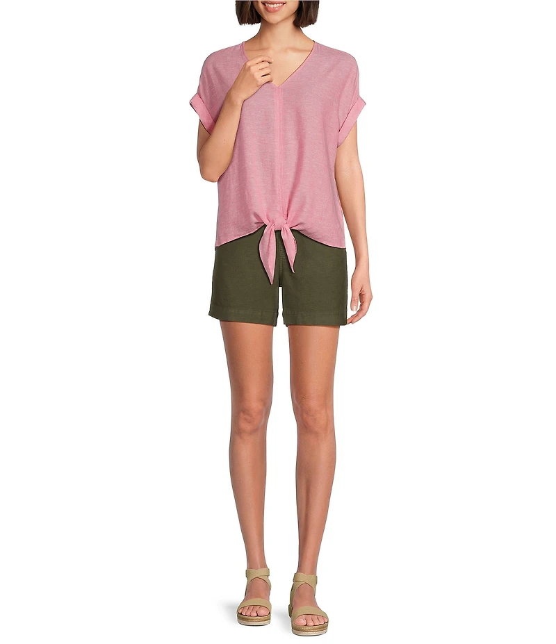 Westbound Petite Size Linen Blend Short Sleeve V-Neck Tie Front Top