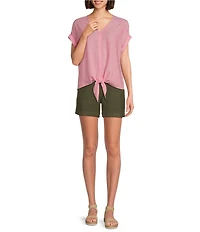 Westbound Petite Size Linen Blend Short Sleeve V-Neck Tie Front Top