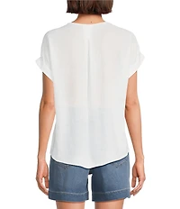 Westbound Petite Size Linen Blend Short Sleeve V-Neck Tie Front Top