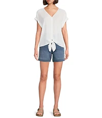 Westbound Petite Size Linen Blend Short Sleeve V-Neck Tie Front Top