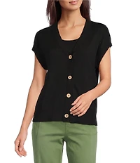 Westbound Petite Size Short Sleeve Y-Neck Button Front Cardigan