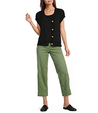 Westbound Petite Size Short Sleeve Y-Neck Button Front Cardigan