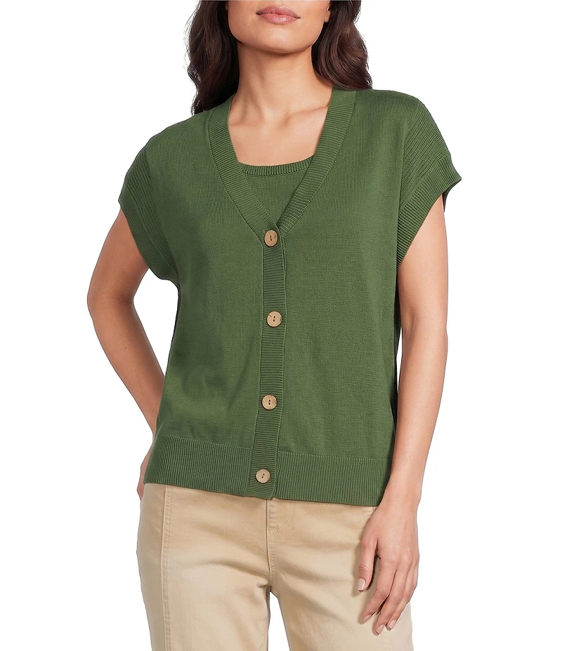 Westbound Petite Size Short Sleeve Y-Neck Button Front Cardigan
