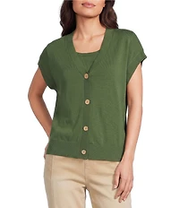 Westbound Petite Size Short Sleeve Y-Neck Button Front Cardigan