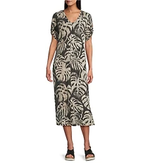 Westbound Petite Size Sketched Palms Short Sleeve V-Neck Shift Dress