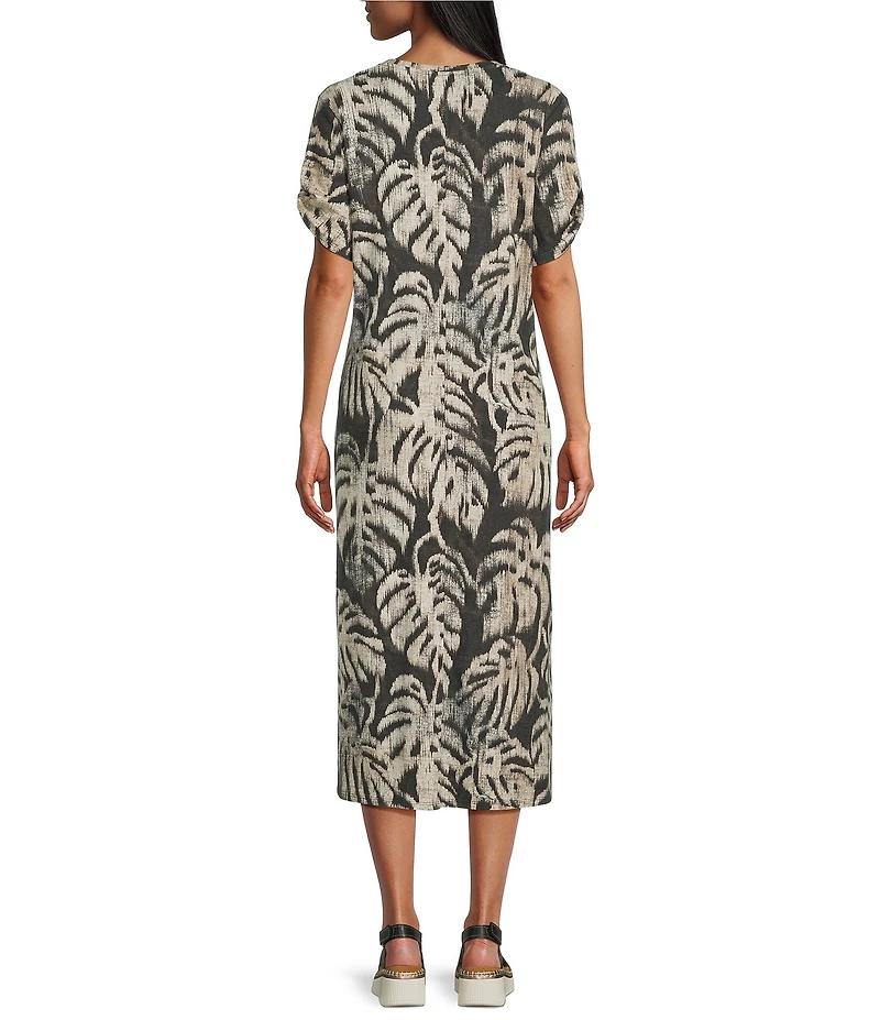 Westbound Petite Size Sketched Palms Short Sleeve V-Neck Shift Dress