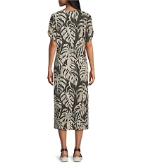 Westbound Petite Size Sketched Palms Short Sleeve V-Neck Shift Dress
