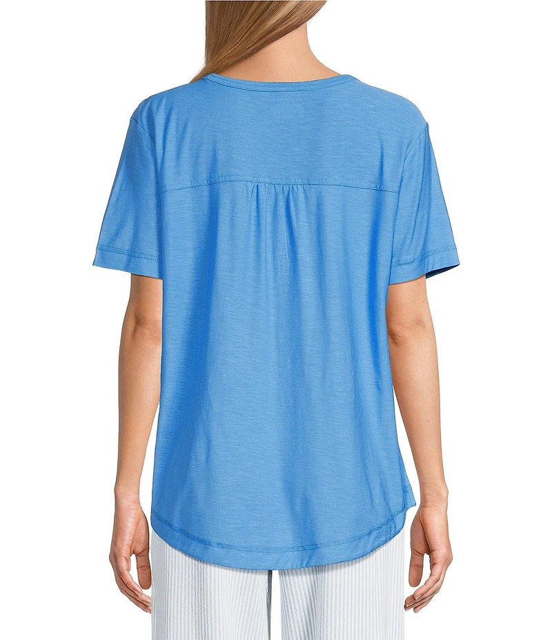 Westbound Petite Size Slub Knit Stiched Raw Hem Short Sleeve Crew Neck Top