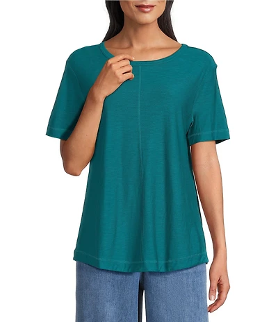Westbound Petite Size Slub Knit Stiched Raw Hem Short Sleeve Crew Neck Top