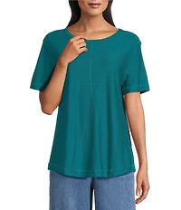 Westbound Petite Size Slub Knit Stiched Raw Hem Short Sleeve Crew Neck Top