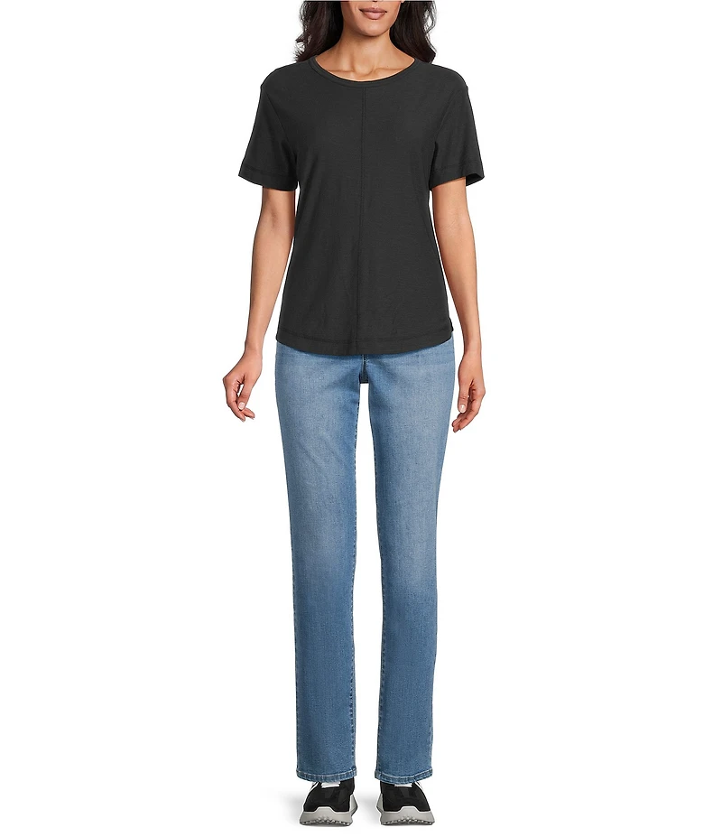 Westbound Petite Size Slub Knit Stiched Raw Hem Short Sleeve Crew Neck Top