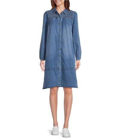 Westbound Petite Size Smocked Long Sleeve Y-Neck Shirt Dress
