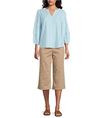 Westbound Petite Size Solid 3/4 Sleeve V-Neck Top