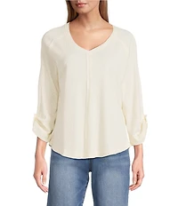 Westbound Petite Size Solid Knit 3/4 Bell Sleeve V-Neck Top