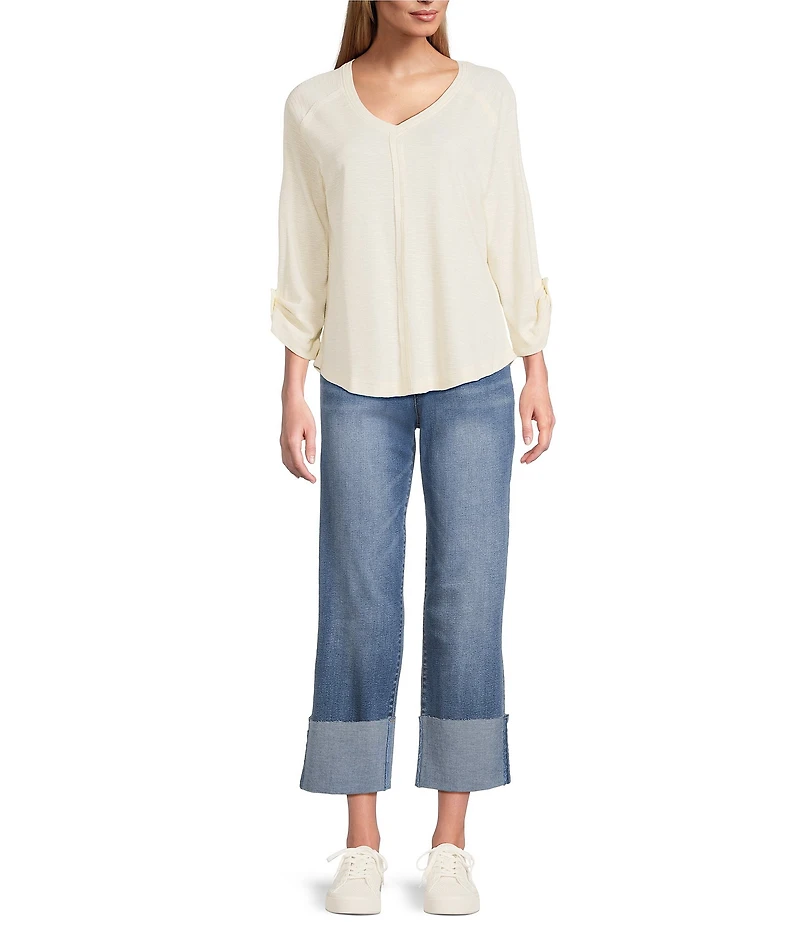 Westbound Petite Size Solid Knit 3/4 Bell Sleeve V-Neck Top