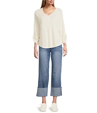 Westbound Petite Size Solid Knit 3/4 Bell Sleeve V-Neck Top