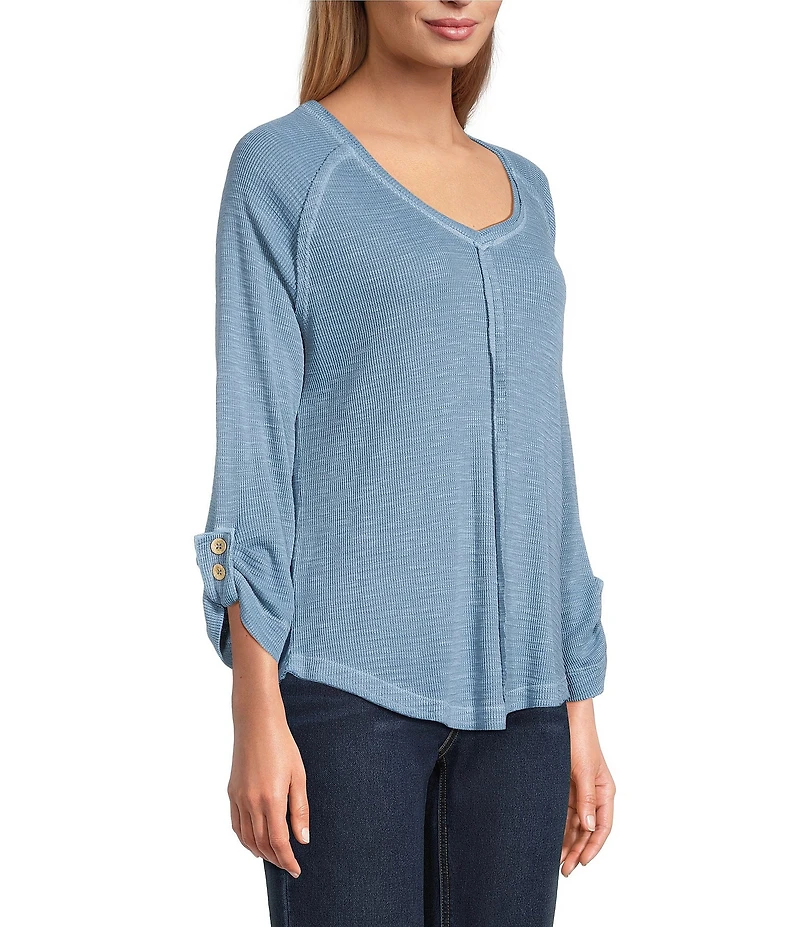 Westbound Petite Size Solid Knit 3/4 Bell Sleeve V-Neck Top
