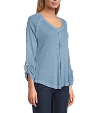 Westbound Petite Size Solid Knit 3/4 Bell Sleeve V-Neck Top