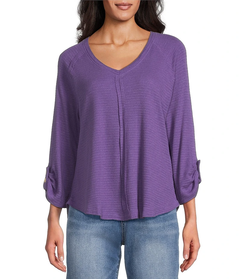 Westbound Petite Size Solid Knit 3/4 Bell Sleeve V-Neck Top