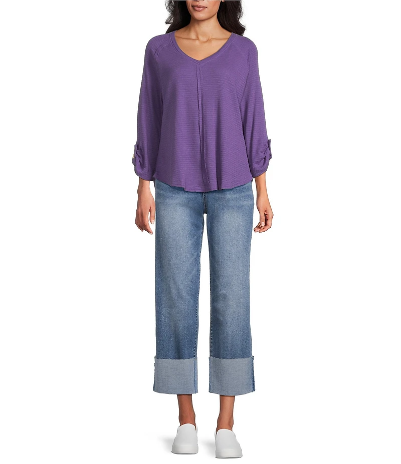 Westbound Petite Size Solid Knit 3/4 Bell Sleeve V-Neck Top