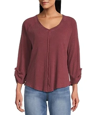 Westbound Petite Size Solid Knit 3/4 Bell Sleeve V-Neck Top