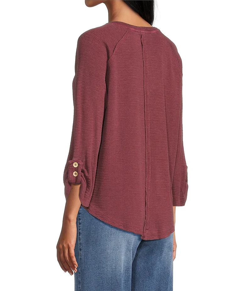 Westbound Petite Size Solid Knit 3/4 Bell Sleeve V-Neck Top