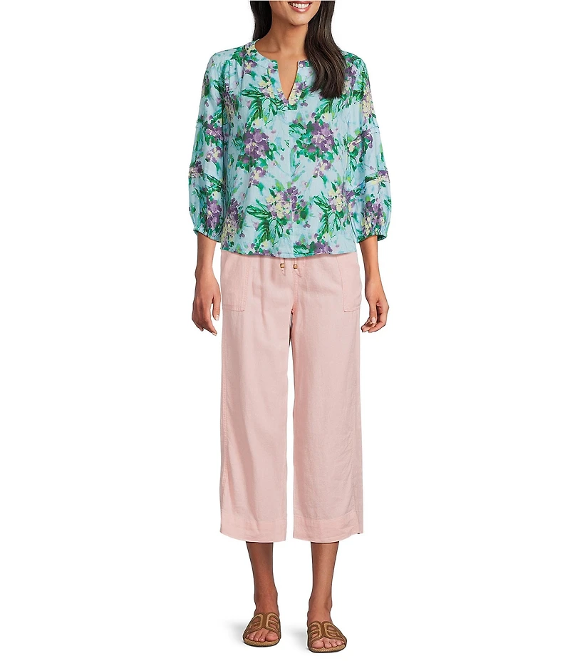 Westbound Petite Size Solid Linen Blend Pull On Crop Pants