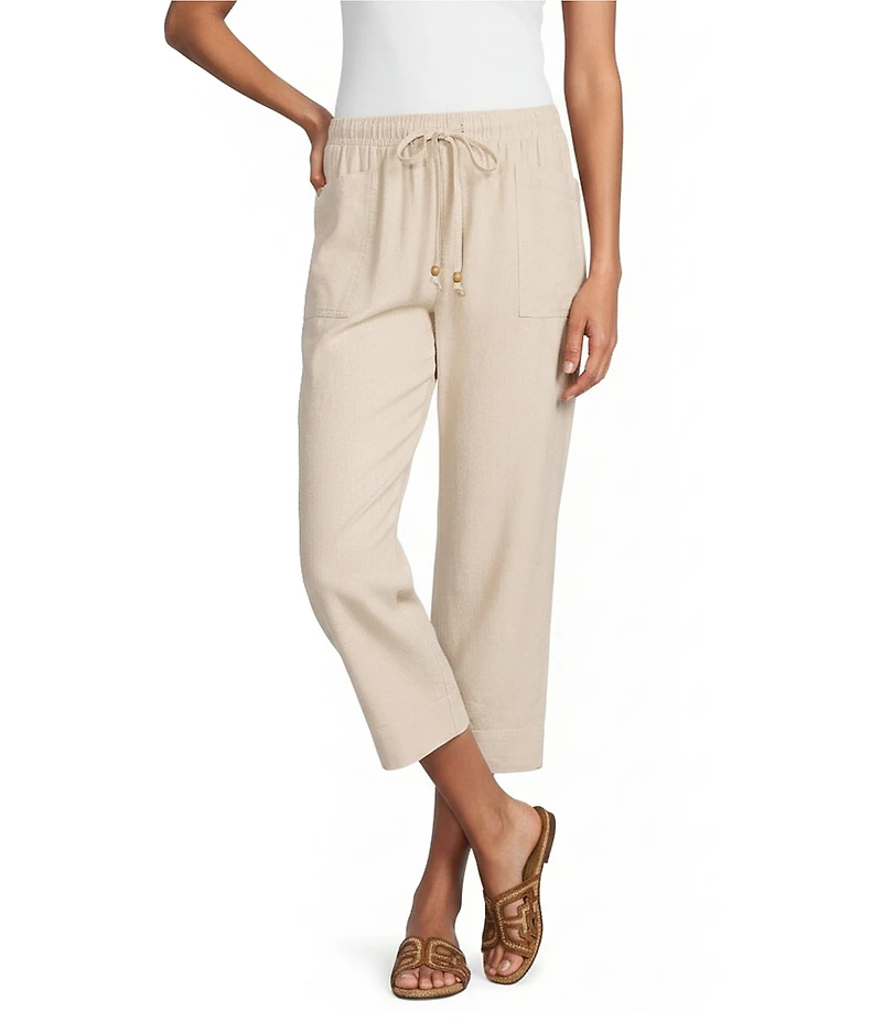 Westbound Petite Size Solid Linen Blend Pull On Crop Pants