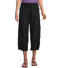 Westbound Petite Size Solid Linen Blend Pull On Crop Pants
