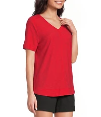 Westbound Petite Size Solid Short Sleeve V-Neck Top
