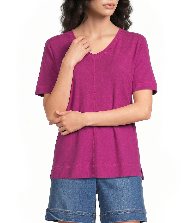Westbound Petite Size Solid Short Sleeve V-Neck Top